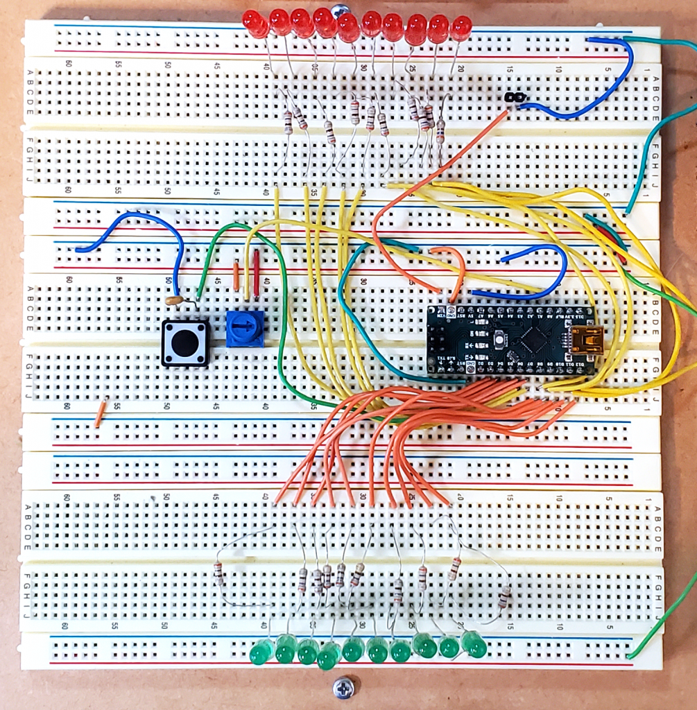 Picture of protyping board with Arduino Nano driven LED sequencer